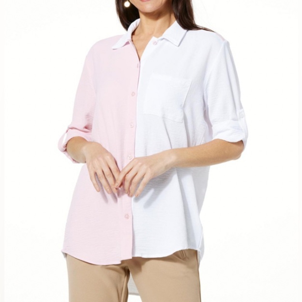 Nina Leonard -NEW-Collared Colorblock Shirt -854-028. COLOR BALLET SLIPPER/IVORY